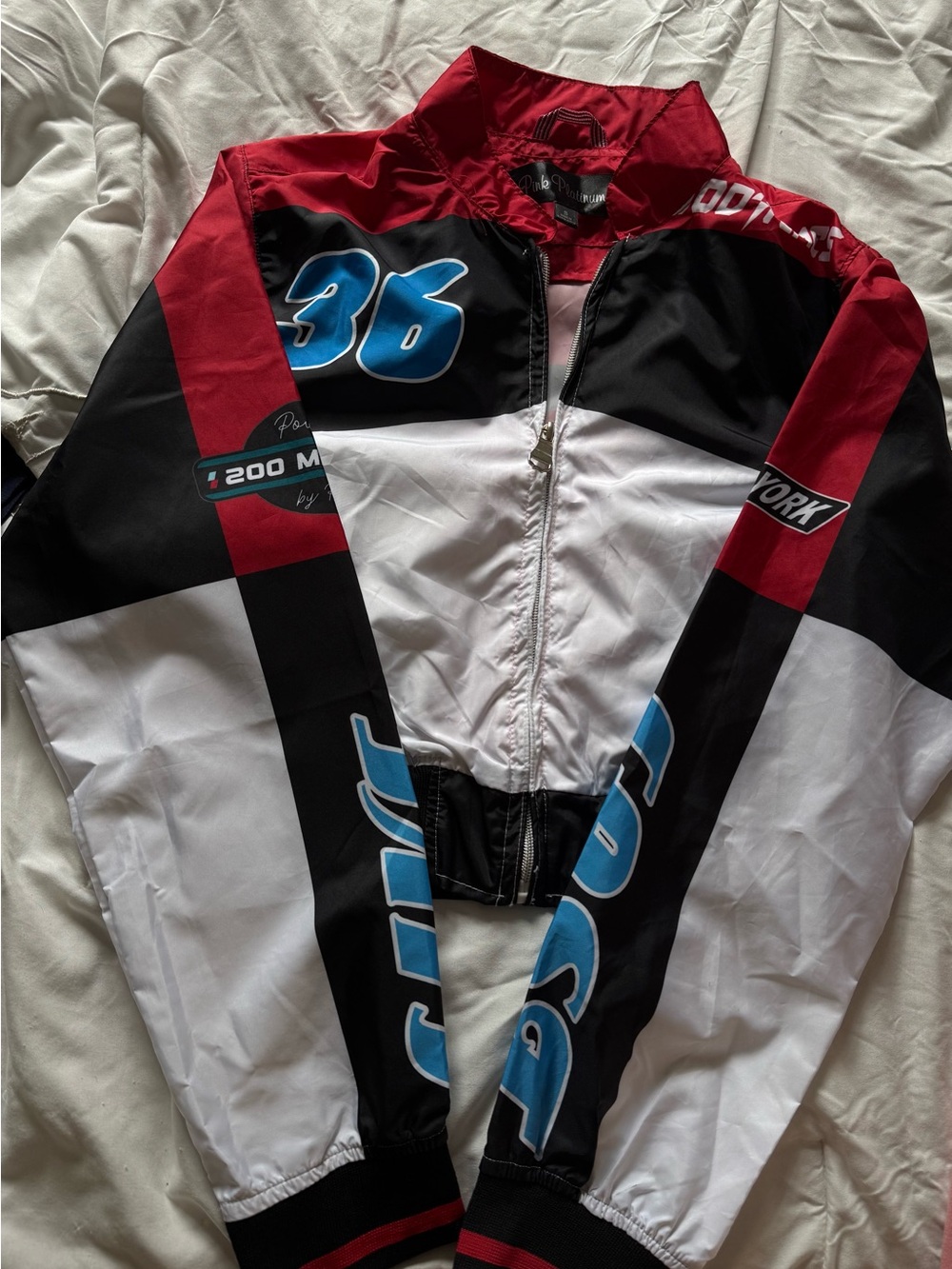 Pink Platinum Red Black White Racing Jacket with Blue Accents